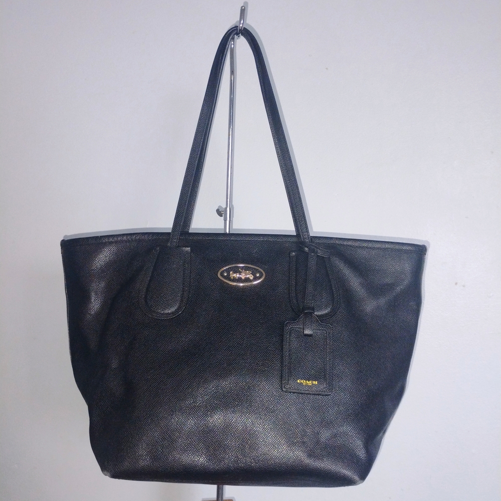 COACH Taxi Zip Top Cross grain Leather Large Tote Bag Black Gold